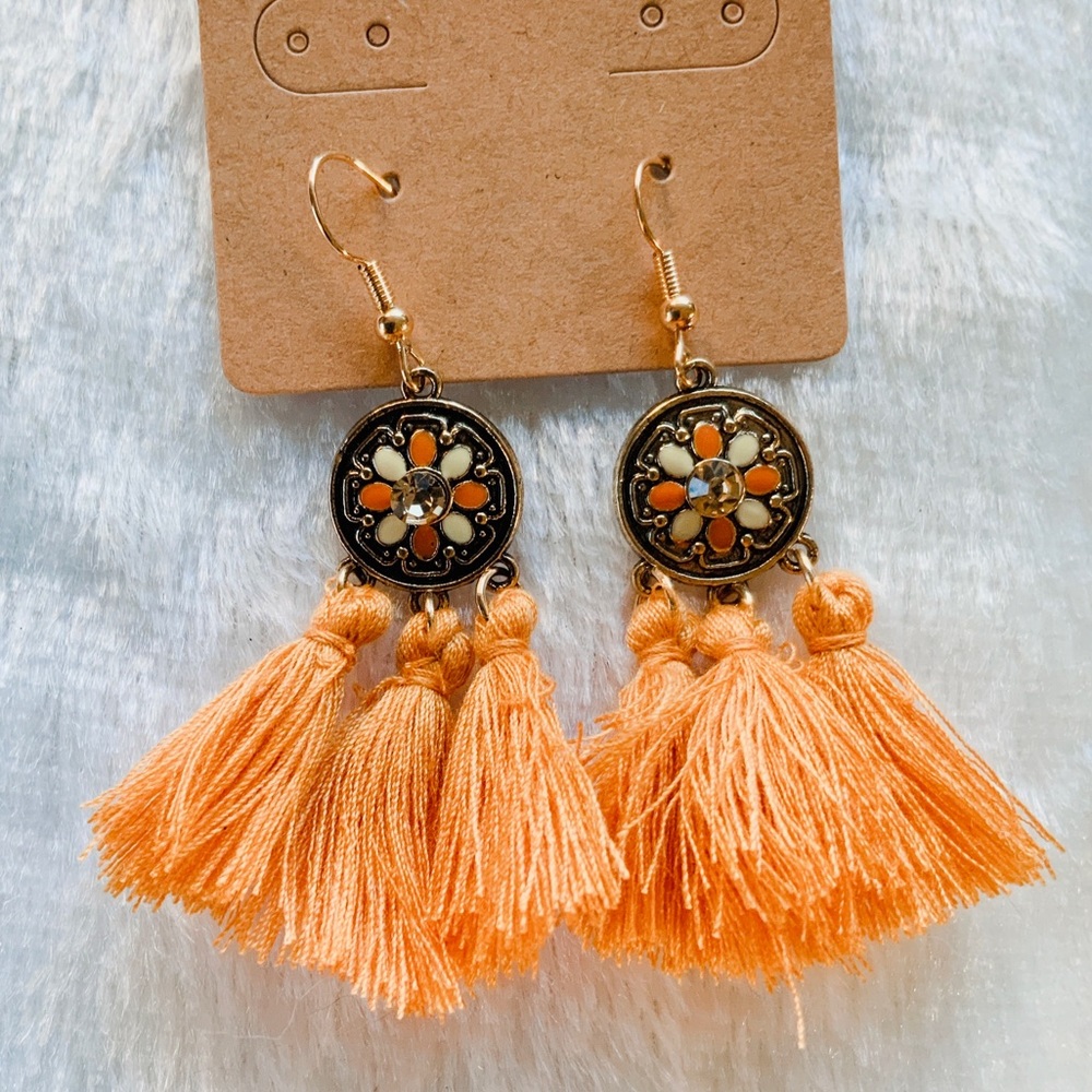 BOGO Orange Retro Gold Boho Tassel Earrings Crystal Center Daisy Enamel Vintage